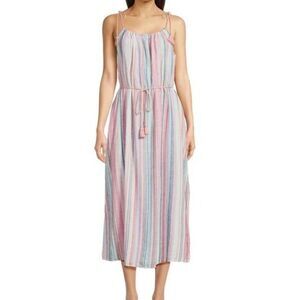 Time and Tru Women's Coral Stripe Tie Shoulder Linen Blend Maxi Dress XL New